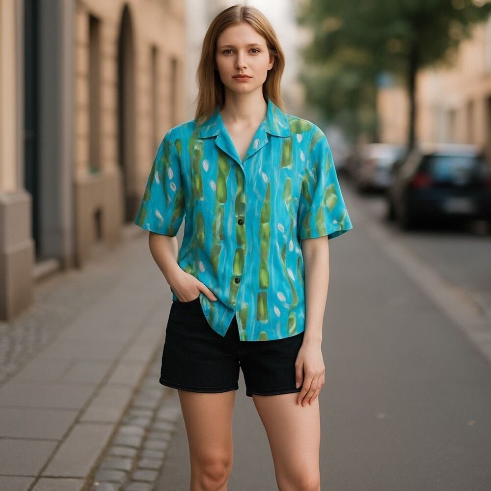 Columbia River Resort Bamboo Print Shirt Women’s M Crinkle Button-Up Blue Green